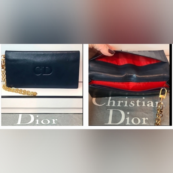 DIOR VINTAGE 90'S FOLIO CD MARK LONG WALLET NAVY LEATHER/RED INTERIOR/GOLD HRDWR - Picture 6 of 17